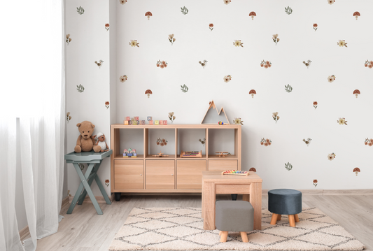 a child's room with a wooden table and toy animals