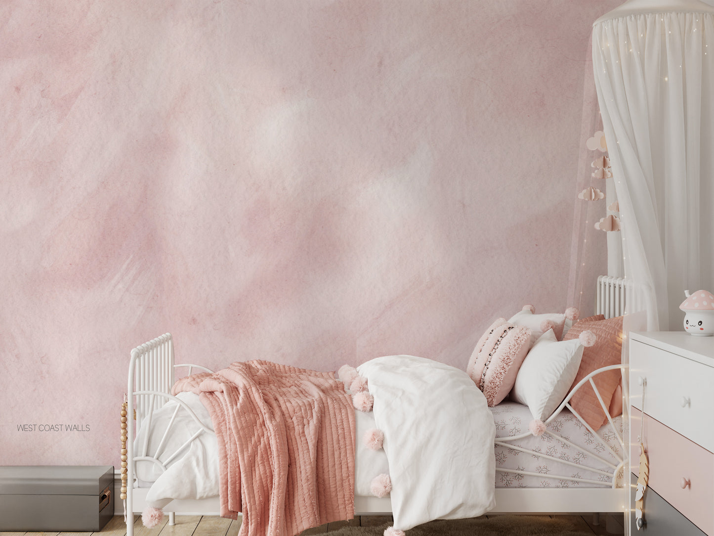 a bedroom with pink walls and a white bed