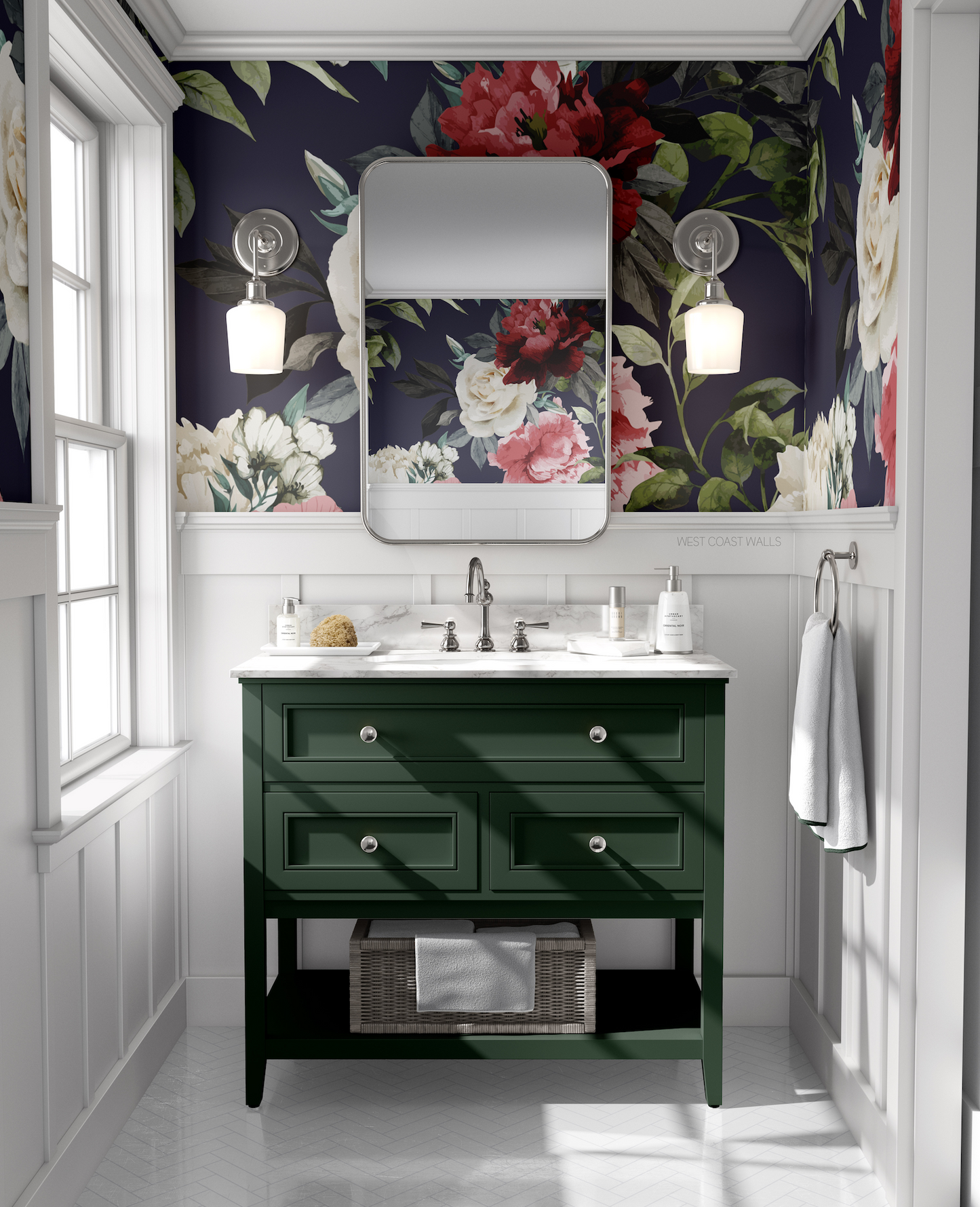 a bathroom with a green vanity and floral wallpaper