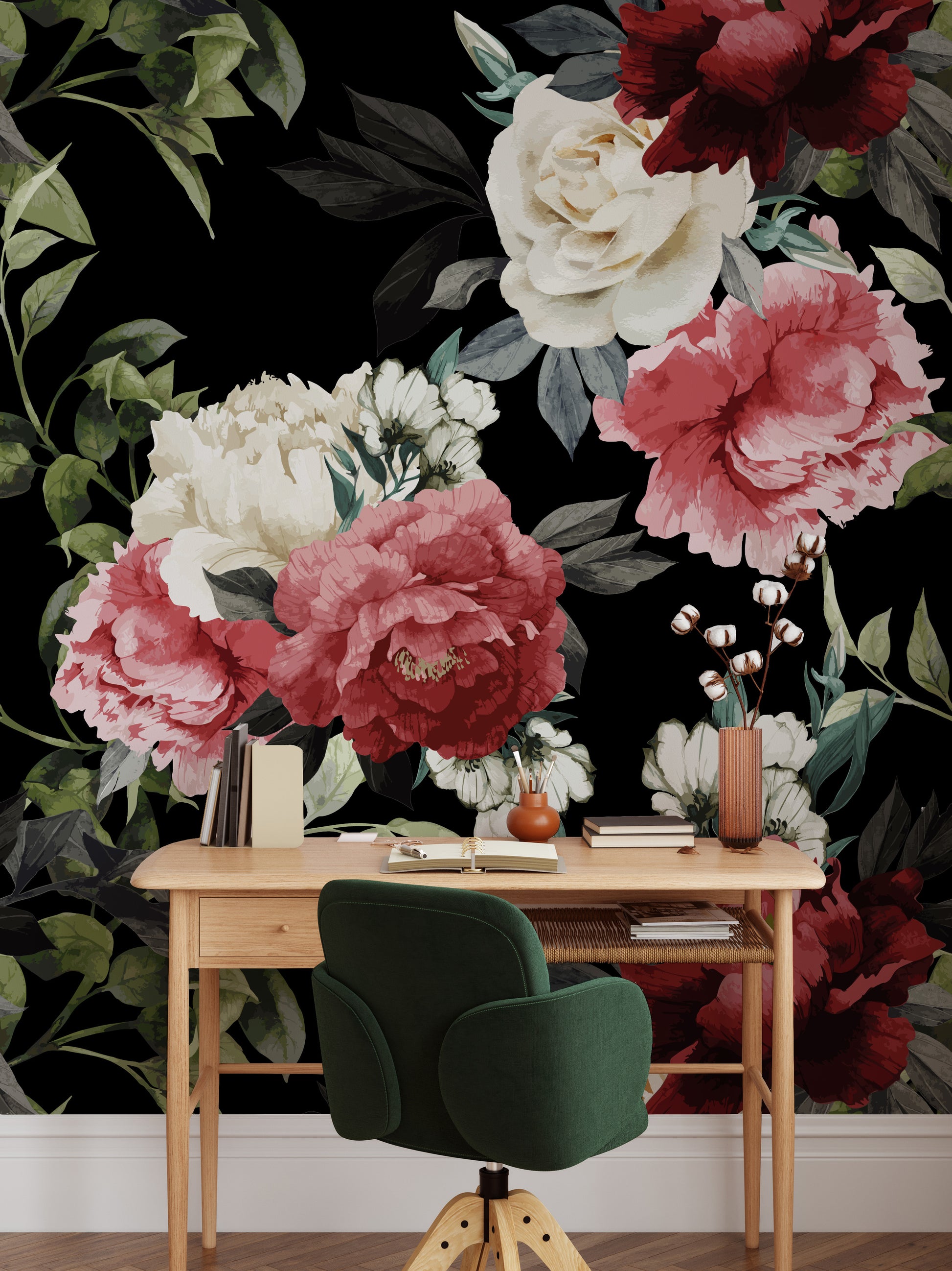a desk with a chair and a flower wallpaper