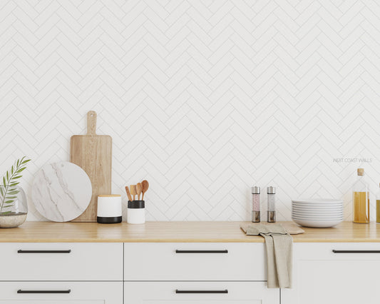 White Herringbone Tile Wallpaper