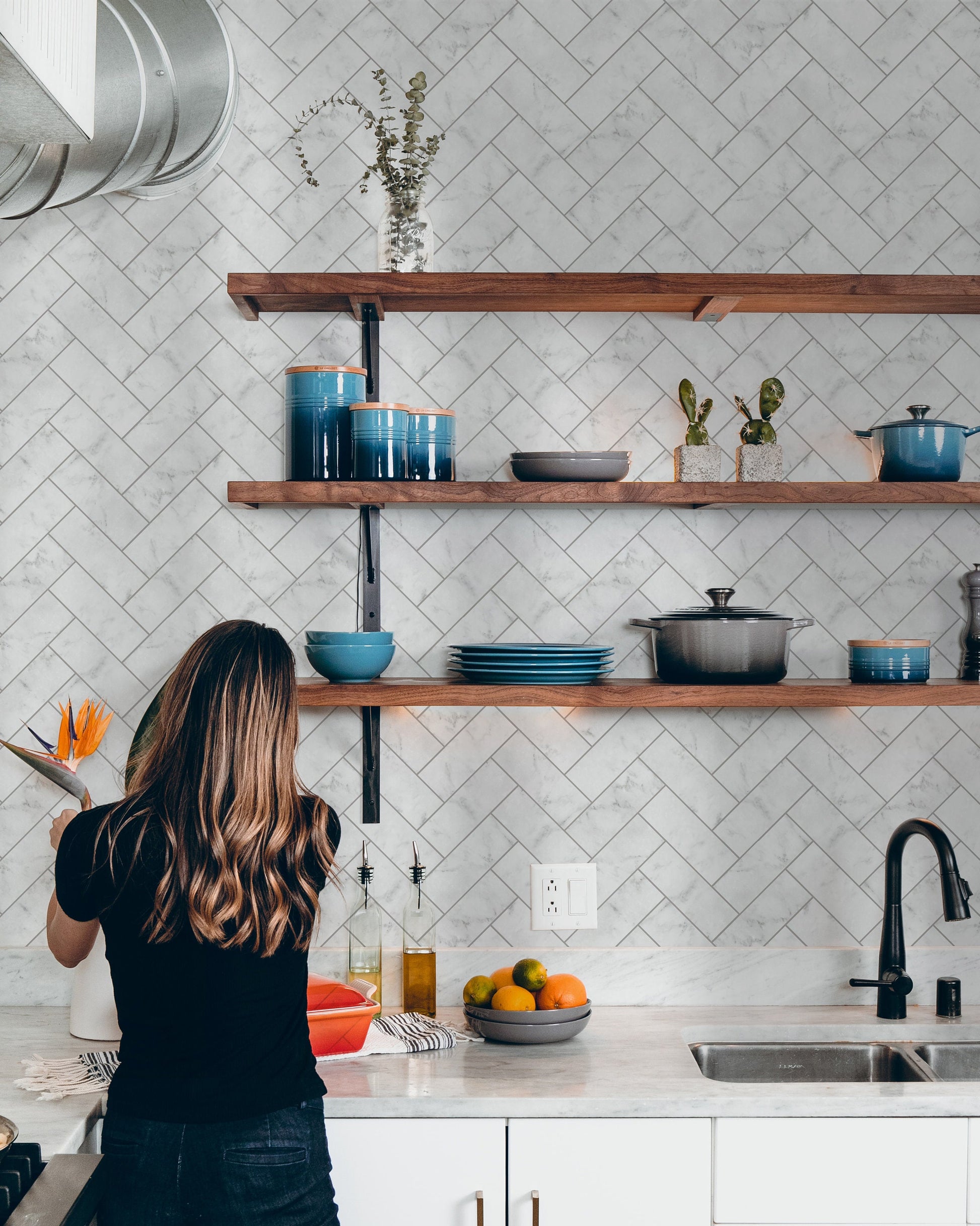 Marble Herringbone Tile Wallpaper