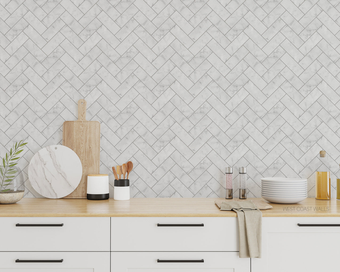 Marble Herringbone Tile Wallpaper