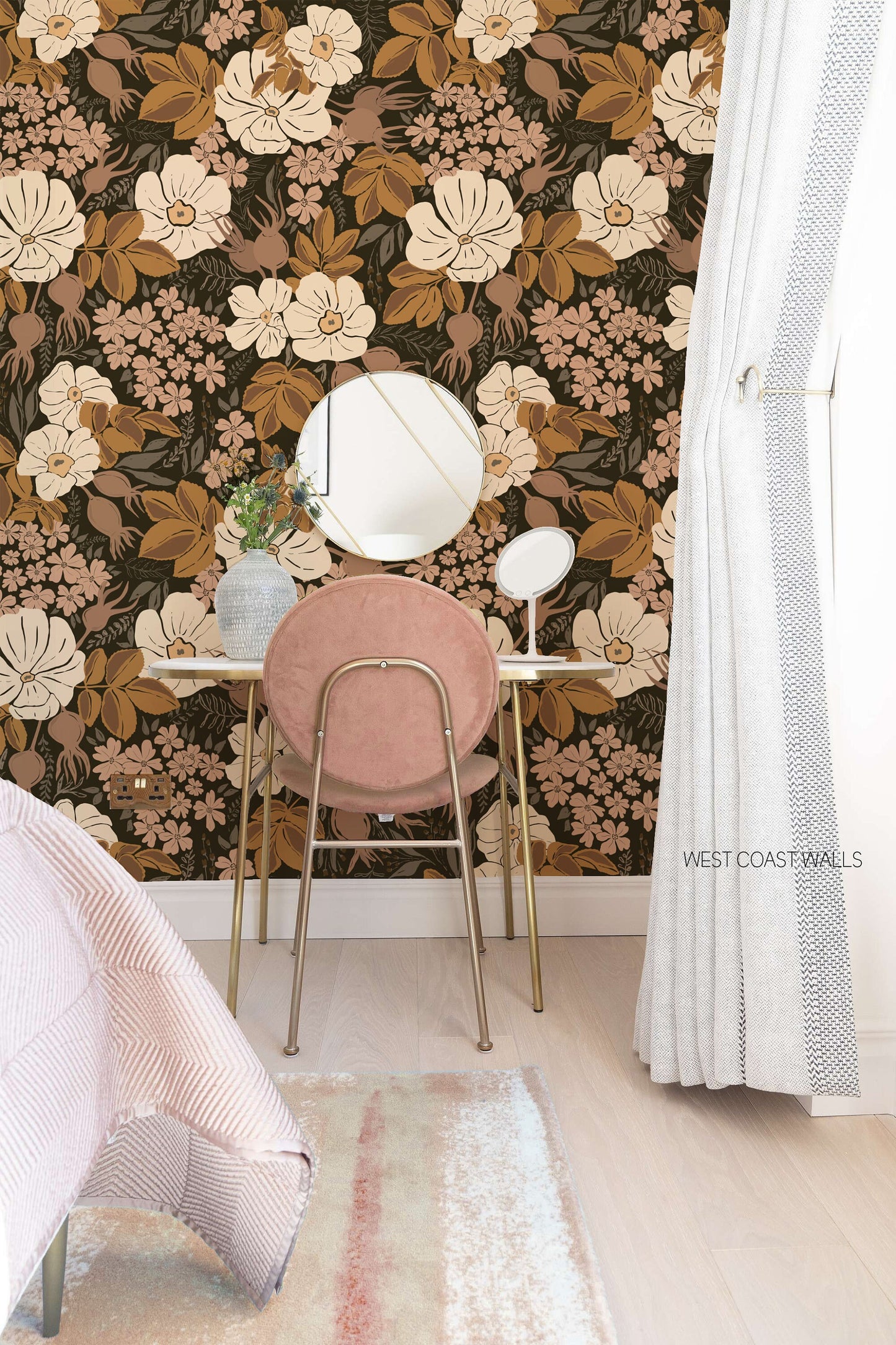 Brown and Pink Whimsical Floral Wallpaper