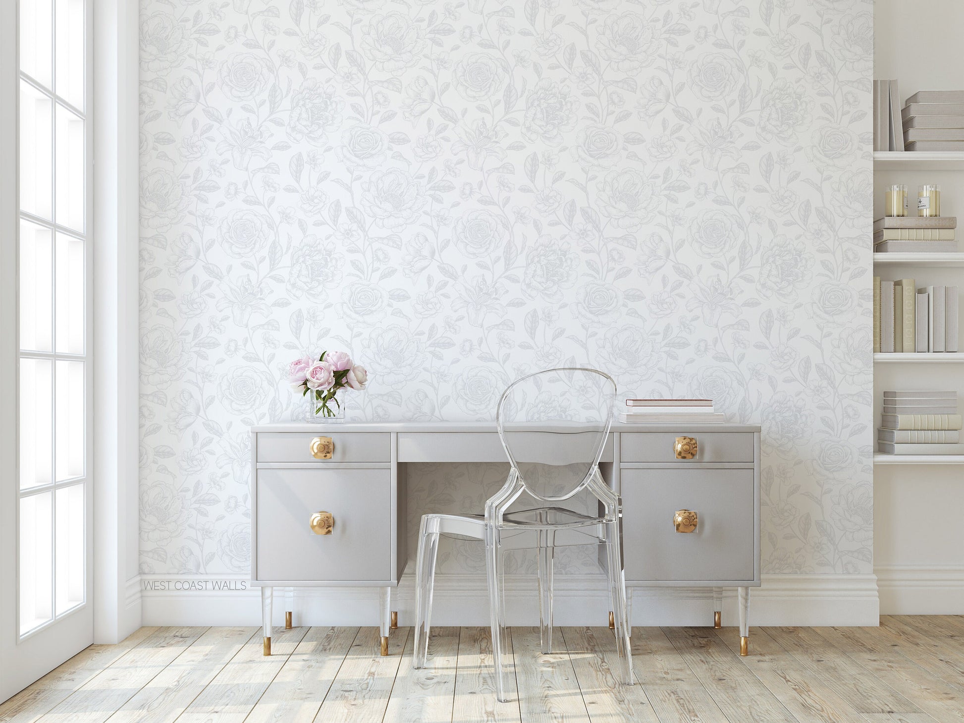 Rose and Hydrangea Drawn Floral Wallpaper