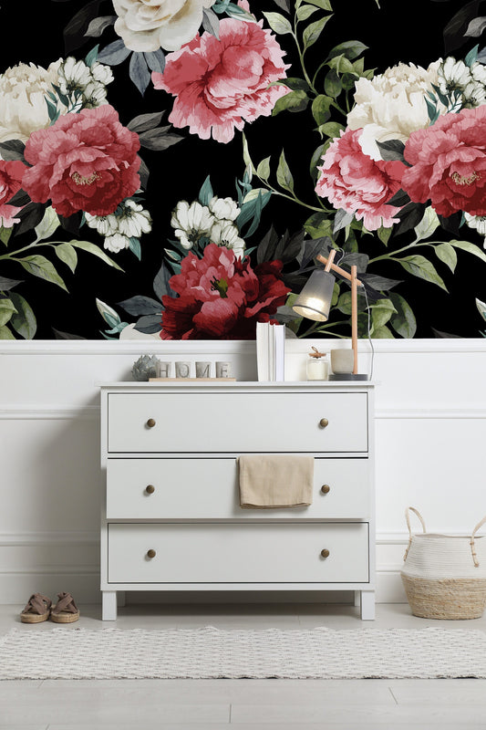 Peony and Rose Blooms Wallpaper