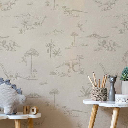 Neutral Dinosaur Toile Wallpaper / Dino Wallpaper / Dinosaur Wall Art / Dinosaur Room Decor / Stegosaurus / Kids Wallpaper / Drawn Dinosaur