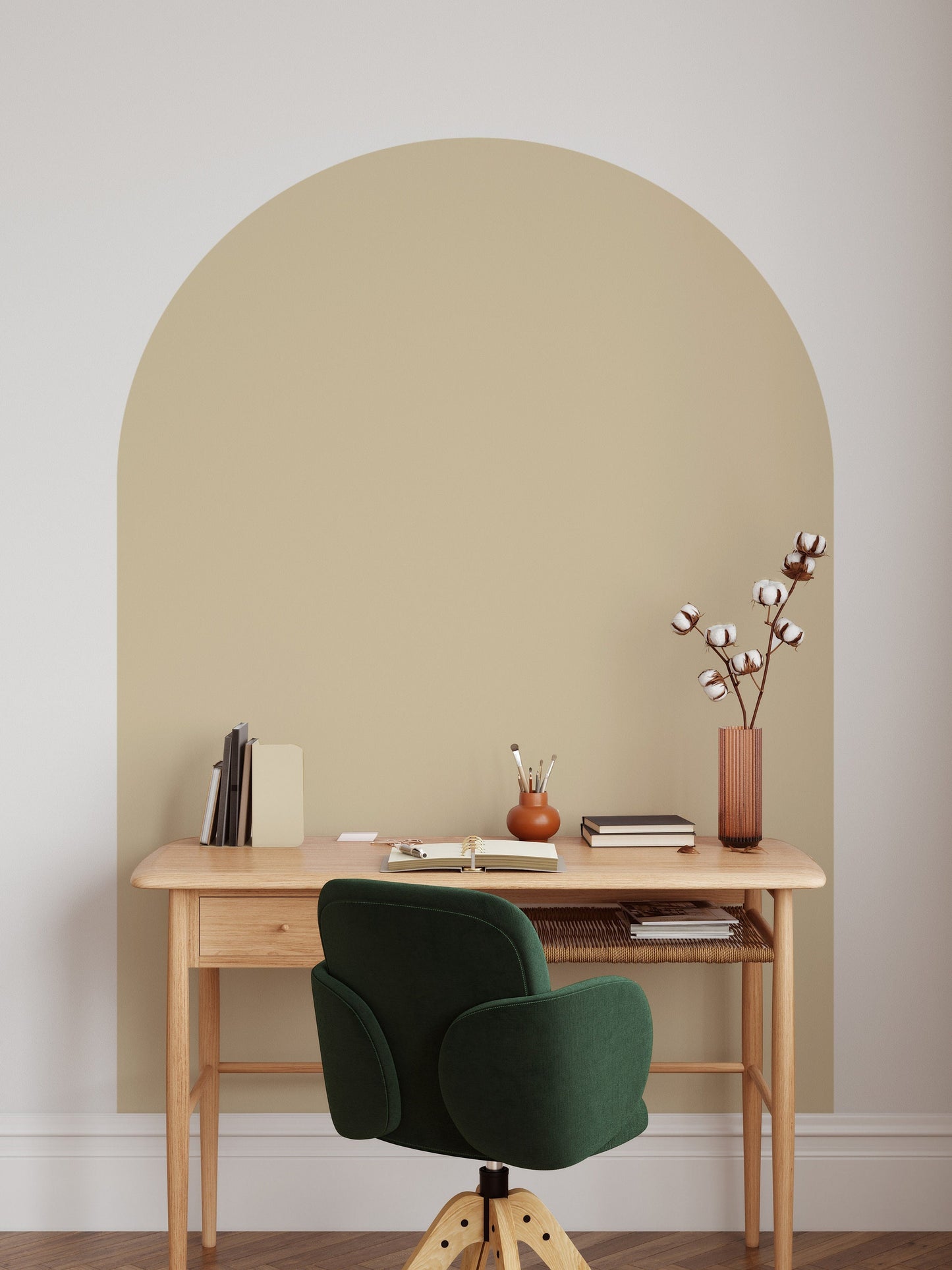 neutral oat colored arch in a contemporary office space with a velvet chair.