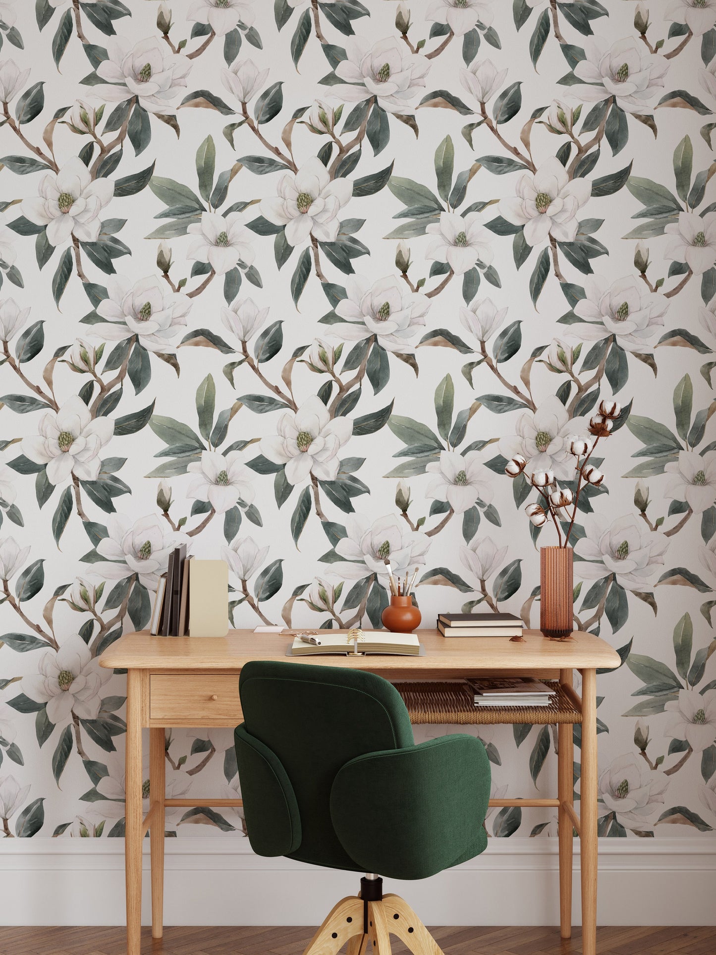 Green and White Magnolia Wallpaper / Floral Blooms Wallpaper / White Floral Wallpaper