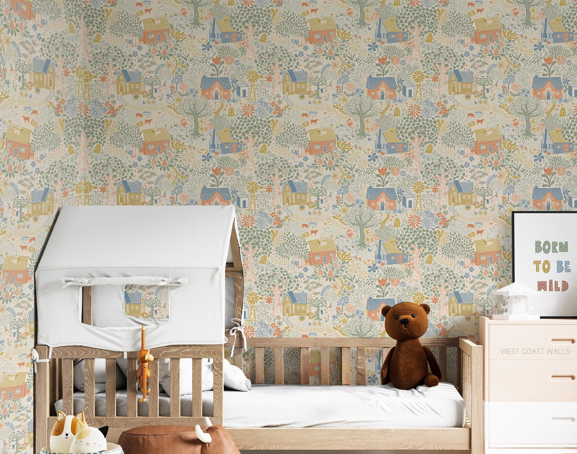 Little Woodland Village Wallpaper / Whimsical Village / Whimsy Wallpaper / Neutral Nursery Decor / Nursery Wallpaper