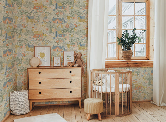 Little Woodland Village Wallpaper / Whimsical Village / Whimsy Wallpaper / Neutral Nursery Decor / Nursery Wallpaper