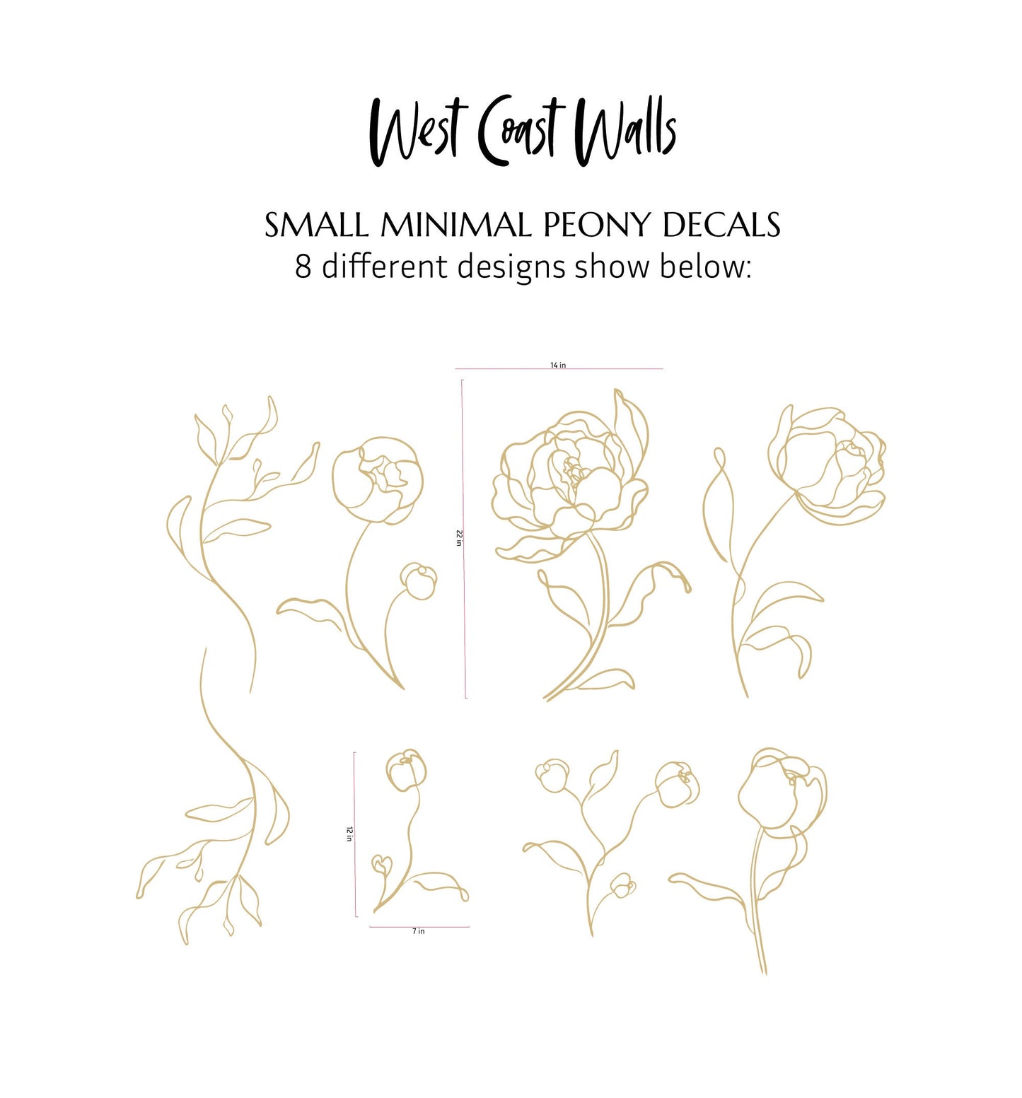 Minimal Peony Decals - Small / Simple Floral Decals / Minimal Line Art / Flower Wall Stickers / Removable Flowers / Peony Line Art