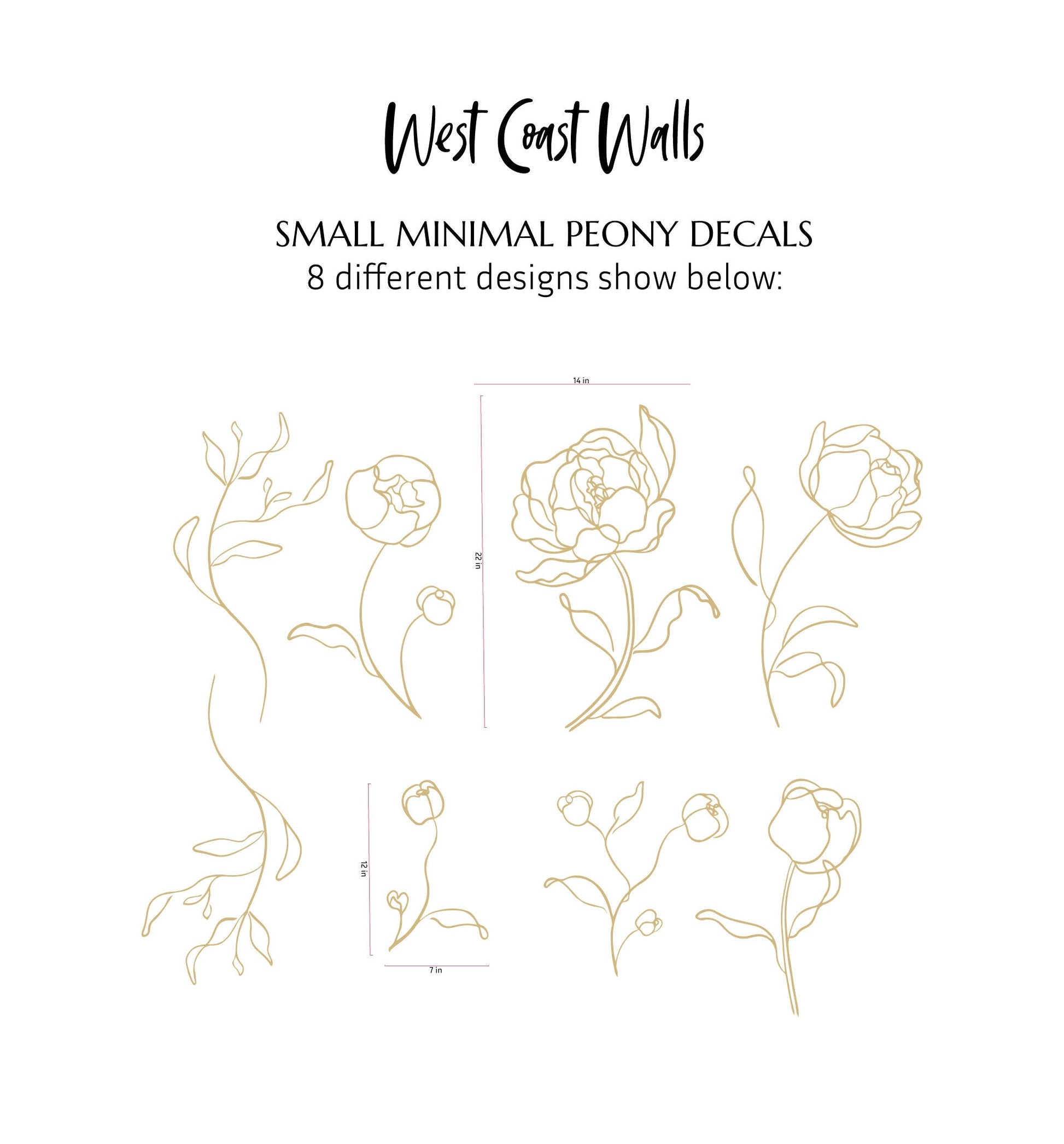 Minimal Peony Decals - Small / Simple Floral Decals / Minimal Line Art / Flower Wall Stickers / Removable Flowers / Peony Line Art