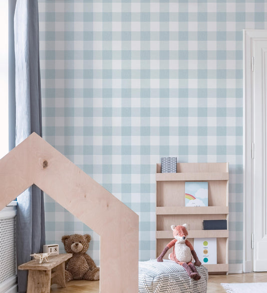 Soft Blue Gingham Check Wallpaper / Plaid Wallpaper / Checkered Wallpaper / Classic Wallpaper