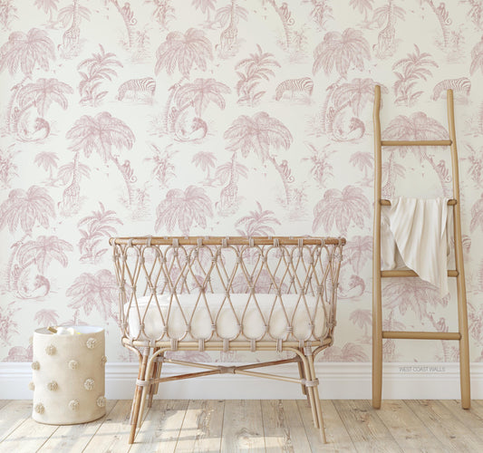 Pink Jungle Toile Wallpaper / Sketched Animals Wallpaper / Nursery Decor / Animal Accent Wall / Nursery Wallpaper / Safari Wallpaper