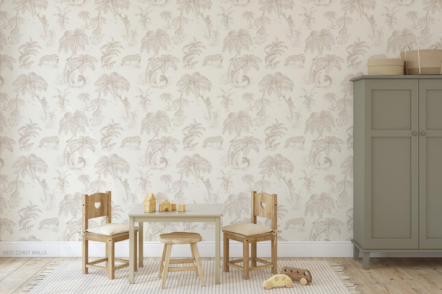 Beige Jungle Toile Wallpaper / Sketched Animals Wallpaper / Nursery Decor / Animal Accent Wall / Neutral Safari Wall Decor