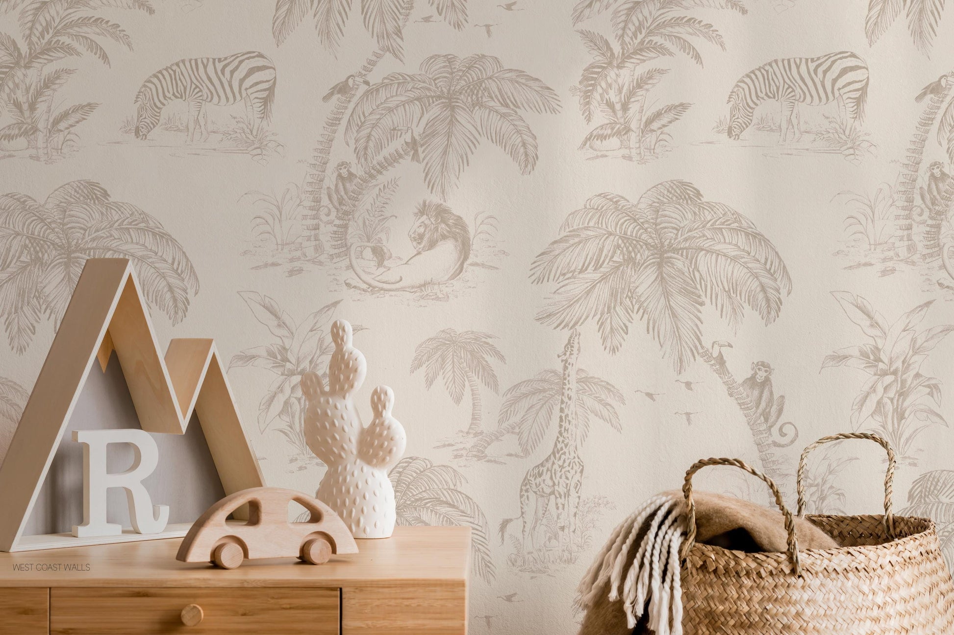 Beige Jungle Toile Wallpaper / Sketched Animals Wallpaper / Nursery Decor / Animal Accent Wall / Neutral Safari Wall Decor