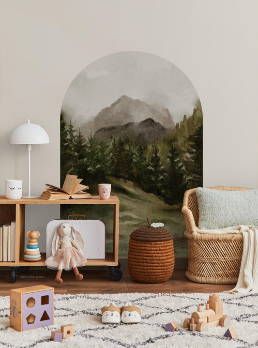 Watercolor Hand Painted Rocky Mountain Forest Design with grey and green colors