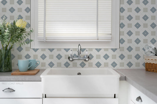 Regent Blue, White and Beige Decorative Tiles in a vintage wallpaper design