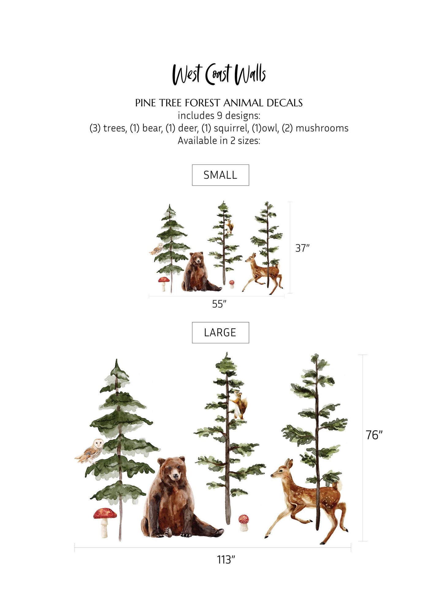 Large Watercolor Pine Tree Animals Removable Wall Decal