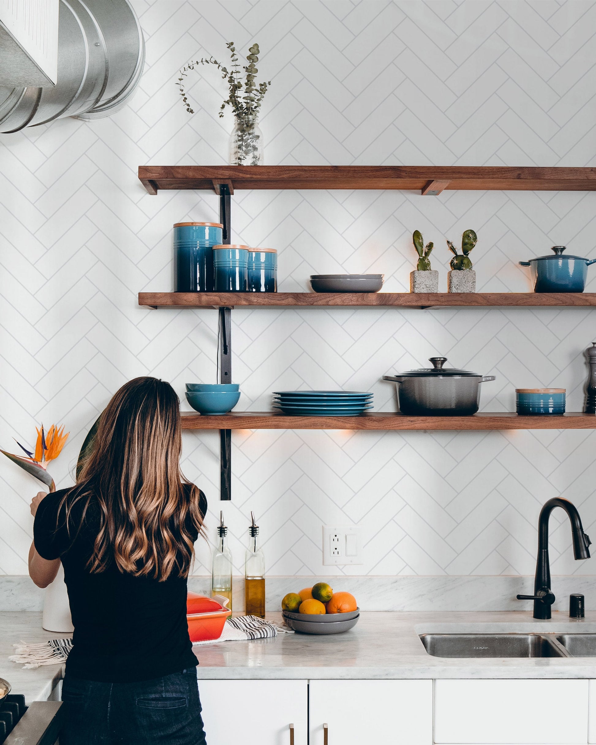 White Herringbone Tile Wallpaper