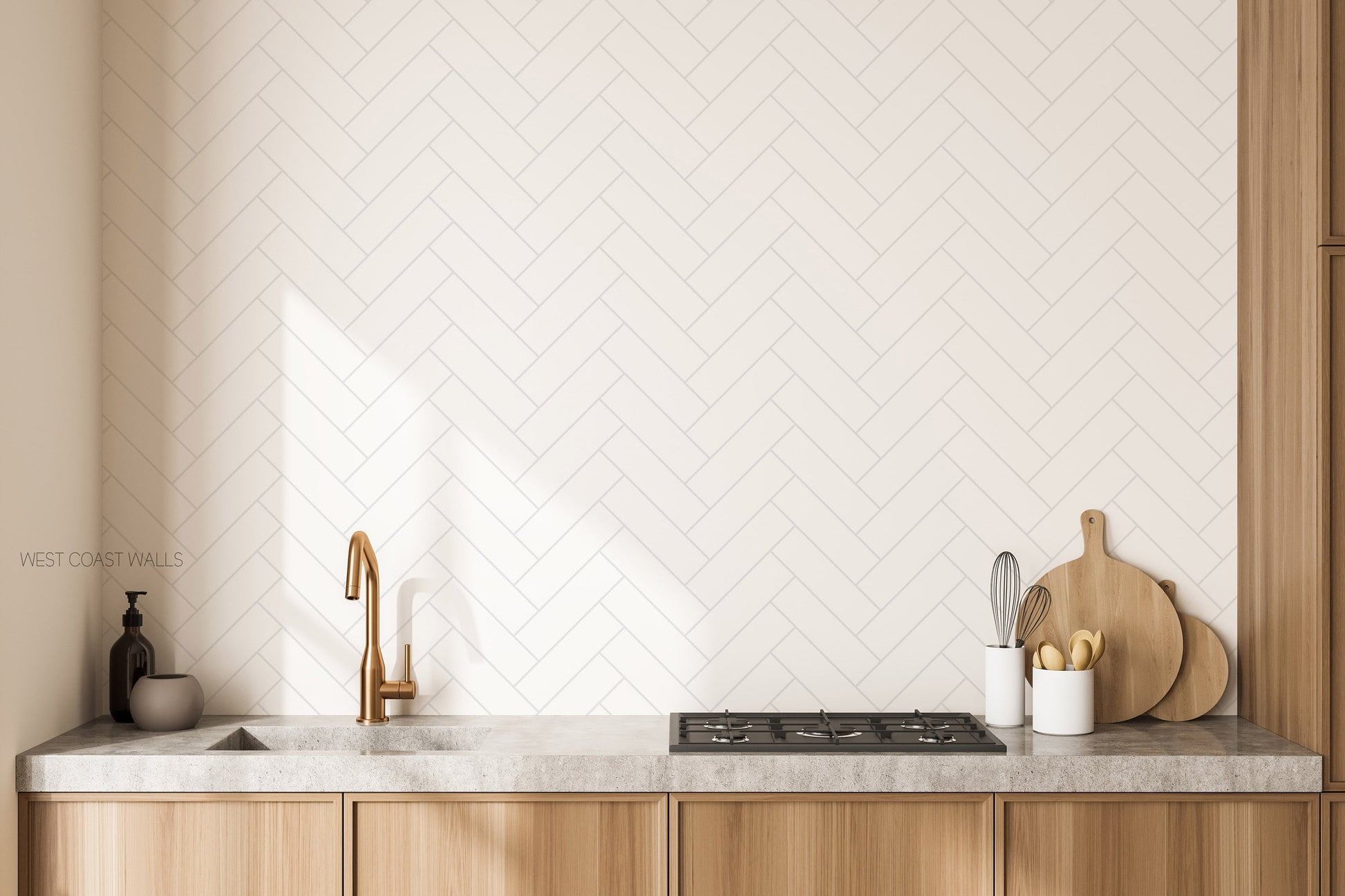 White Herringbone Tile Wallpaper