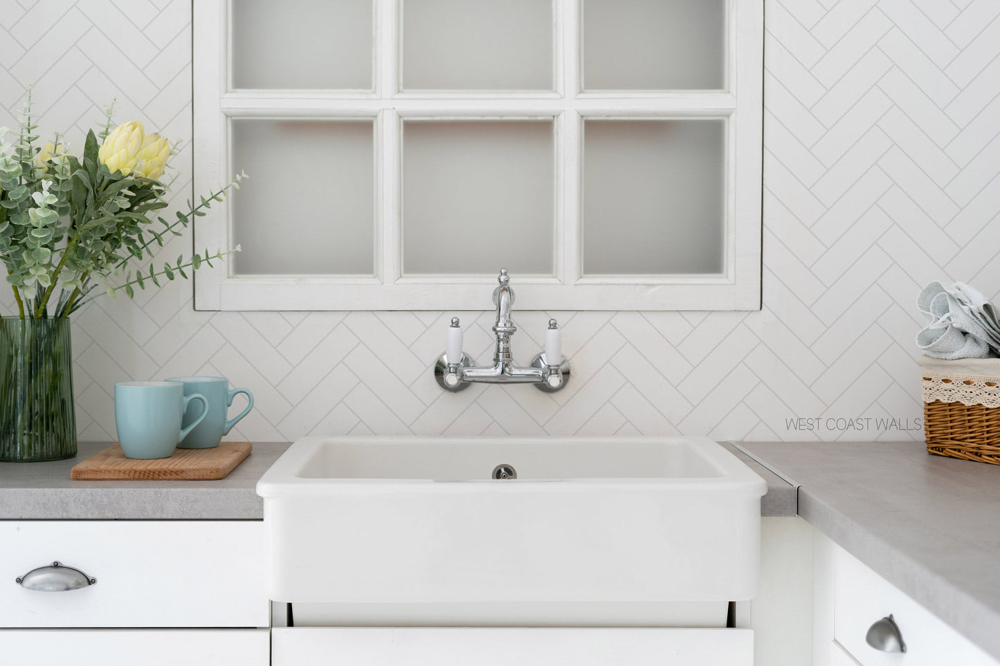 White Herringbone Tile Wallpaper