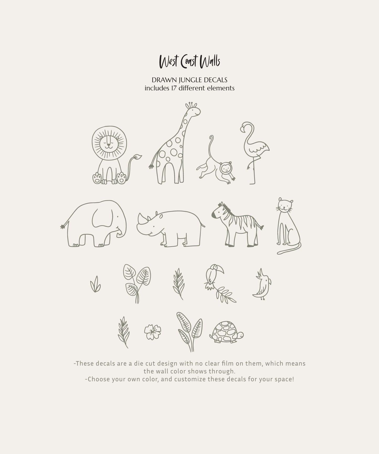 Drawn Jungle Animals Removable Wall Decals